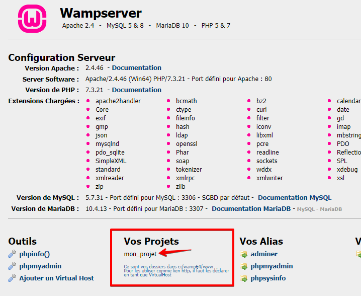 Tableau de bord Wamp Server